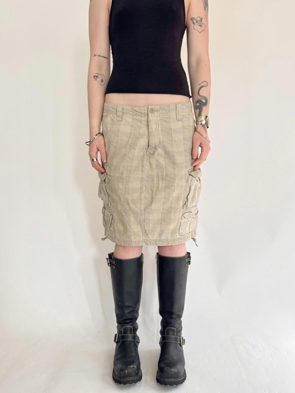 vintage plaid cargo midi skirt