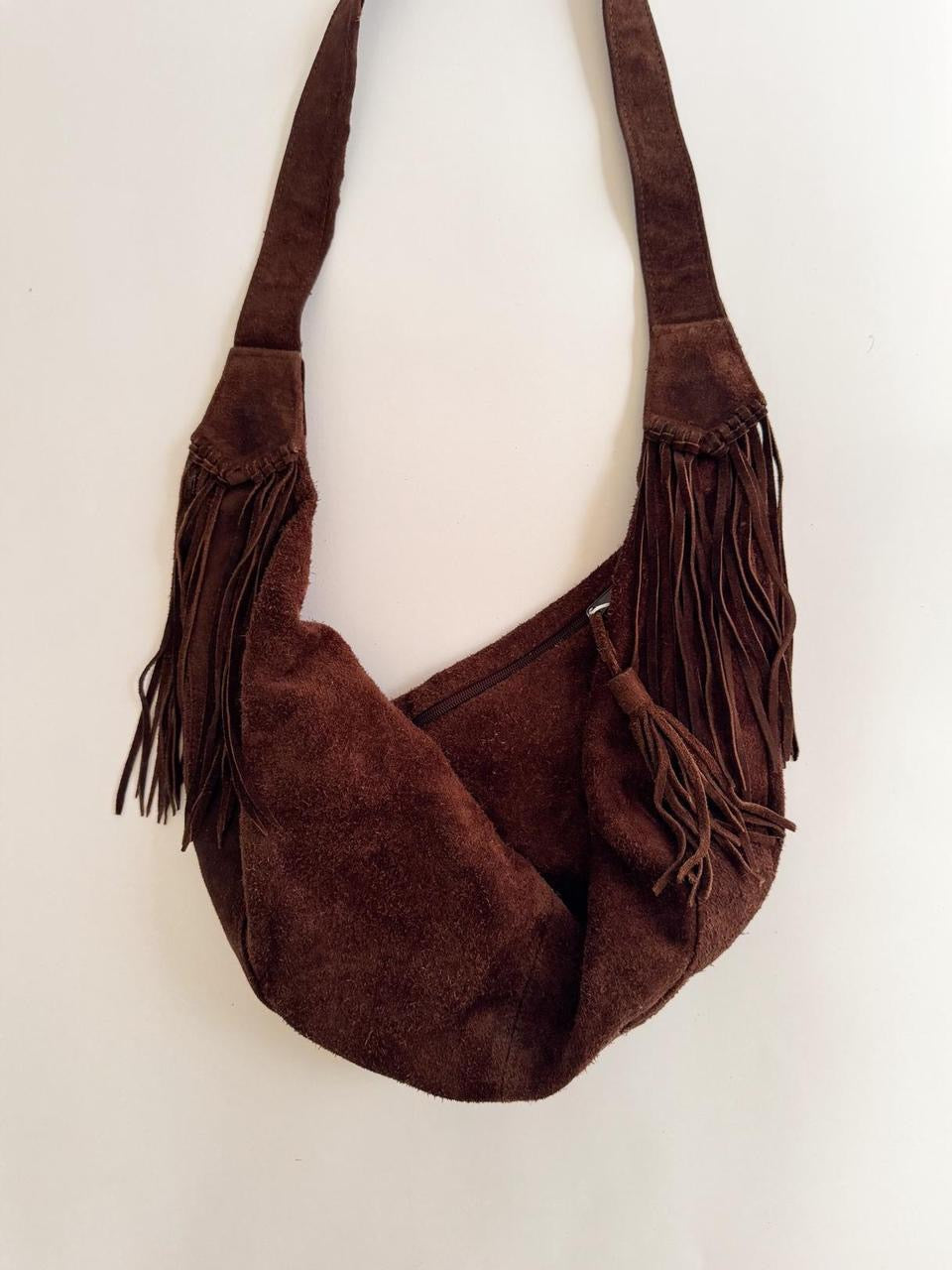 vintage brown suede fringe bag