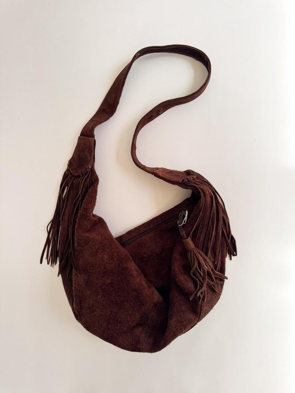 vintage brown suede fringe bag
