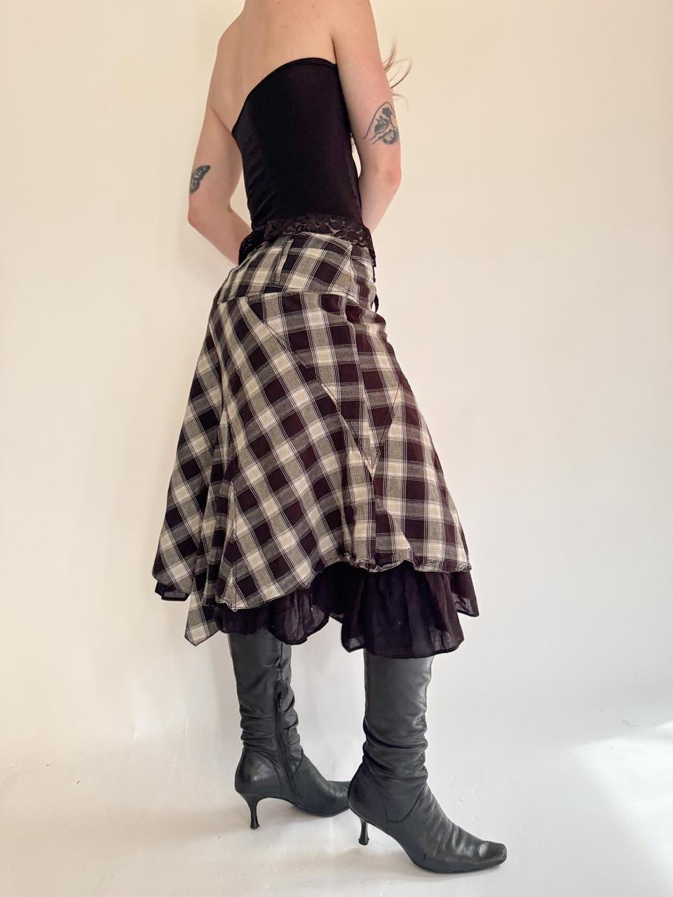 vintage plaid pleated midi skirt