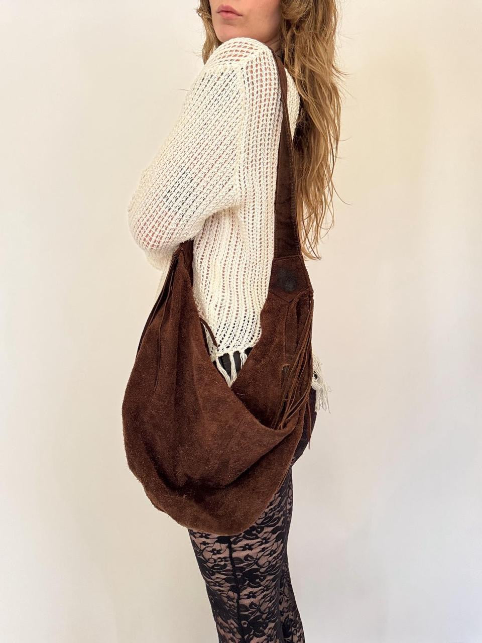 vintage brown suede fringe bag