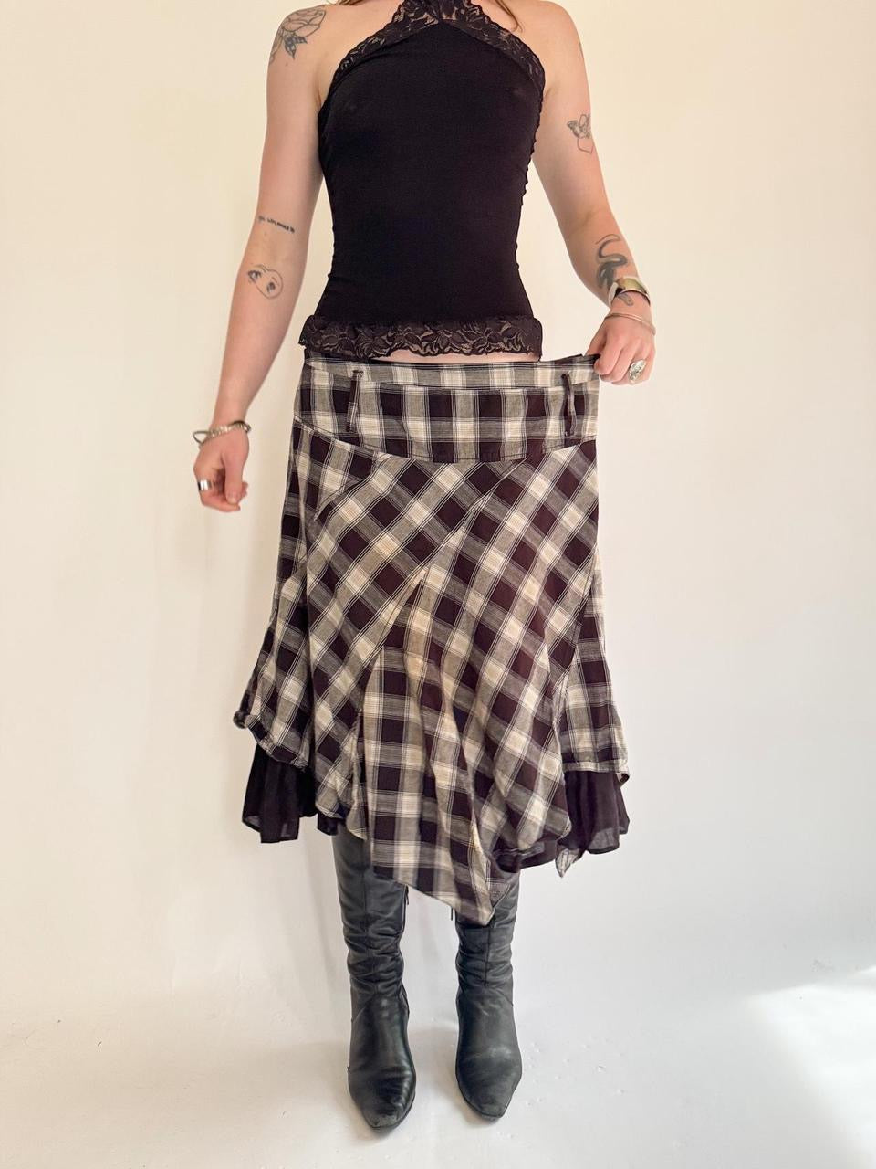 vintage plaid pleated midi skirt