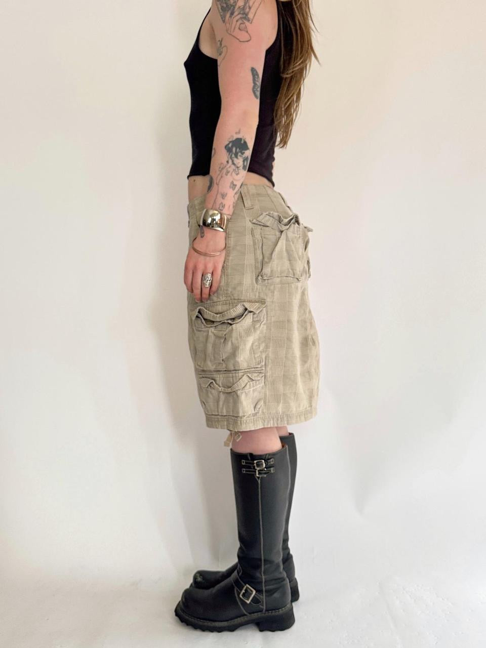vintage plaid cargo midi skirt