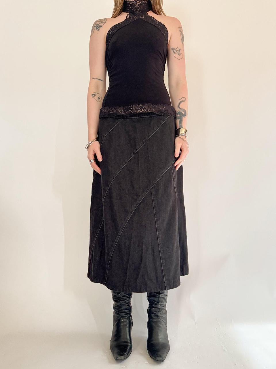 vintage subversive denim midi skirt