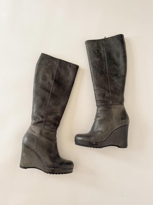 vintage grey leather wedge boots