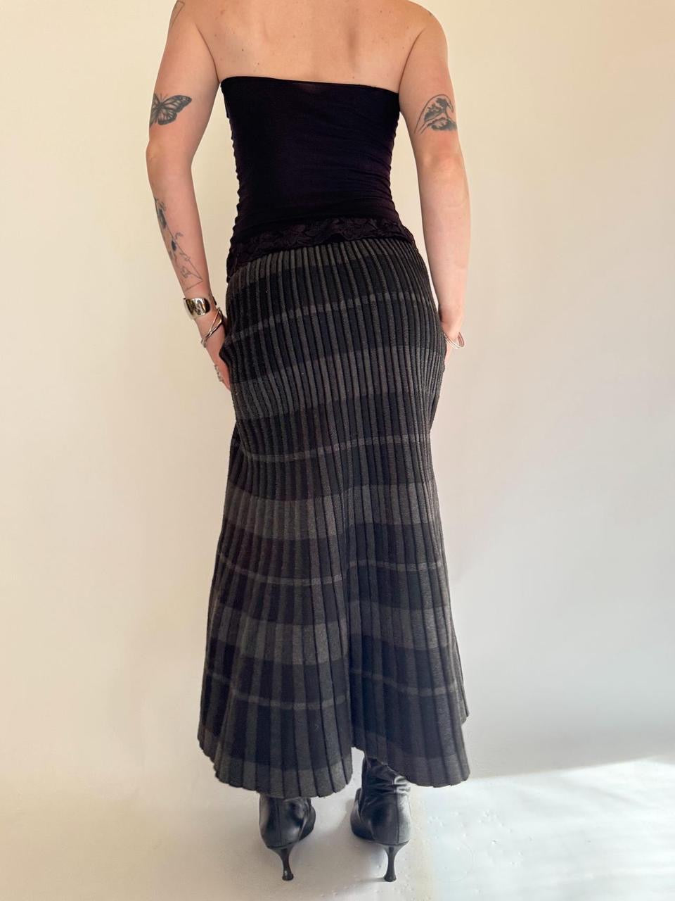 vintage plaid pleated maxi skirt