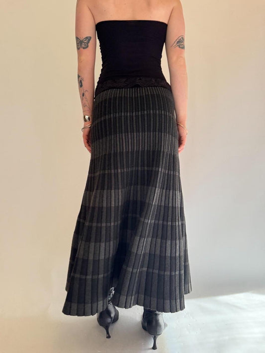 vintage plaid pleated maxi skirt