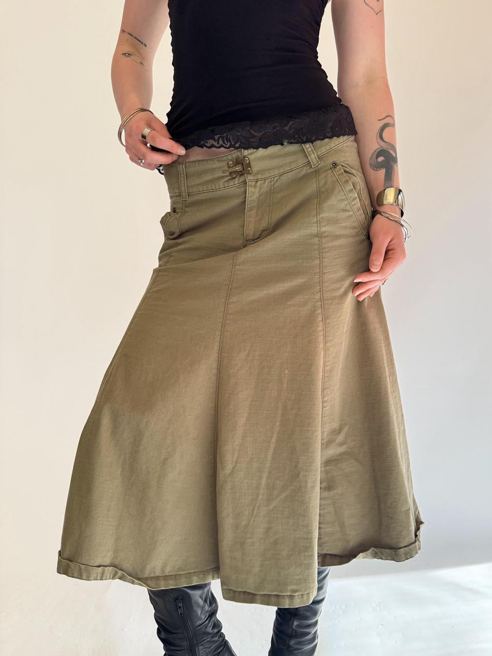 vintage cargo ruffled midi skirt