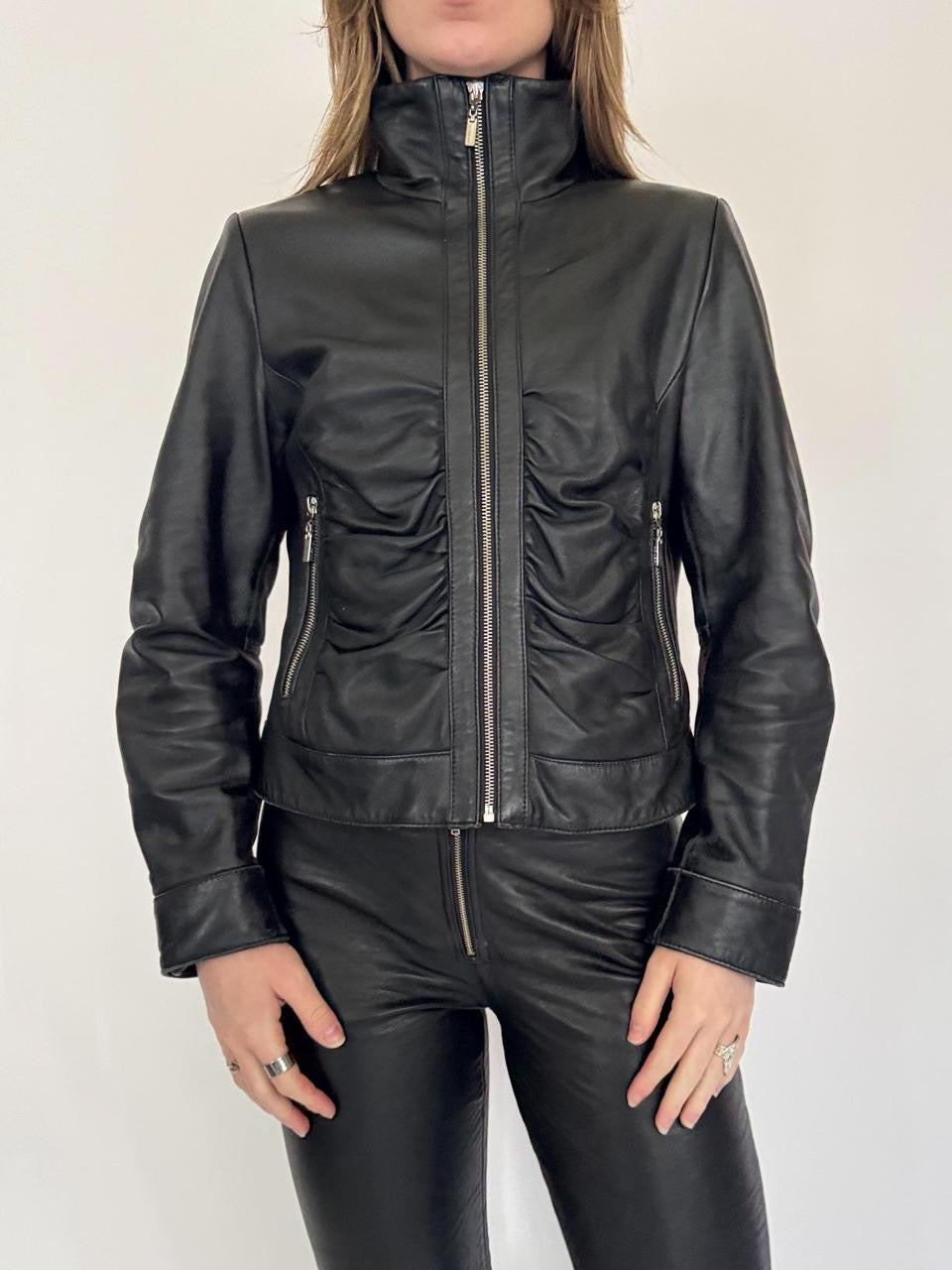 vintage leather ruched moto jacket