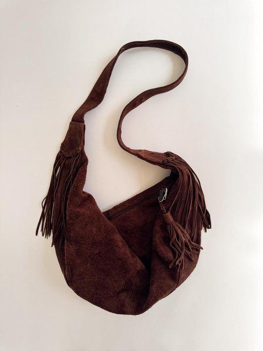 vintage brown suede fringe bag