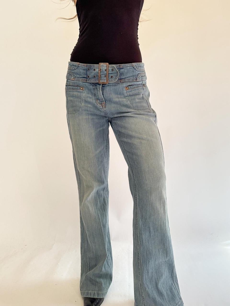 vintage y2k belted flare jeans