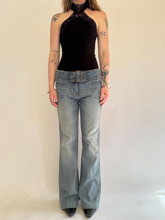 vintage y2k belted flare jeans