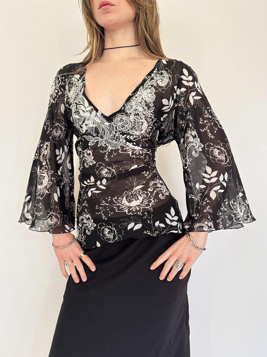 vintage floral flare sleeve tie waist blouse
