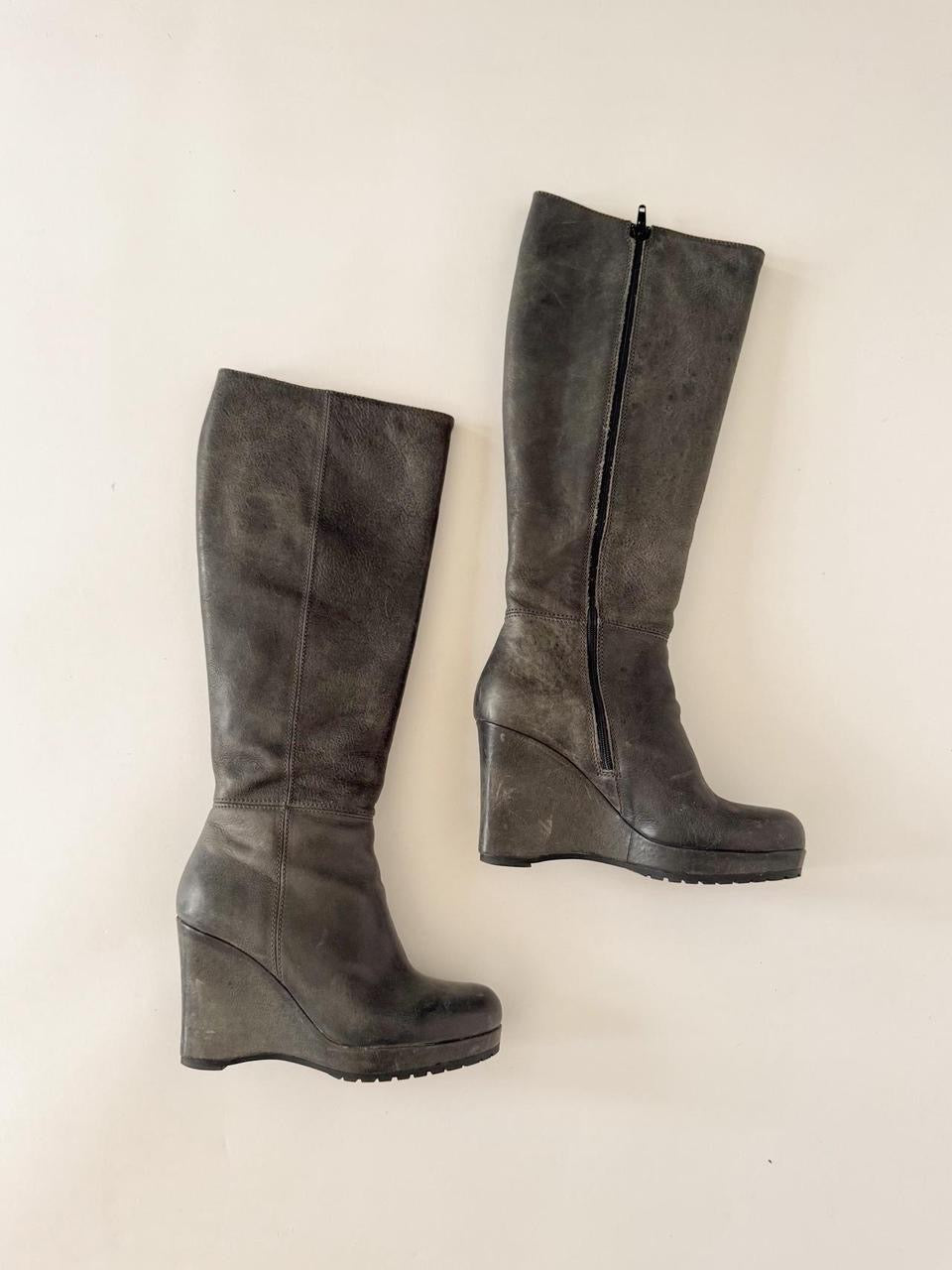 vintage grey leather wedge boots