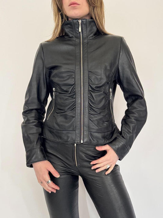 vintage leather ruched moto jacket