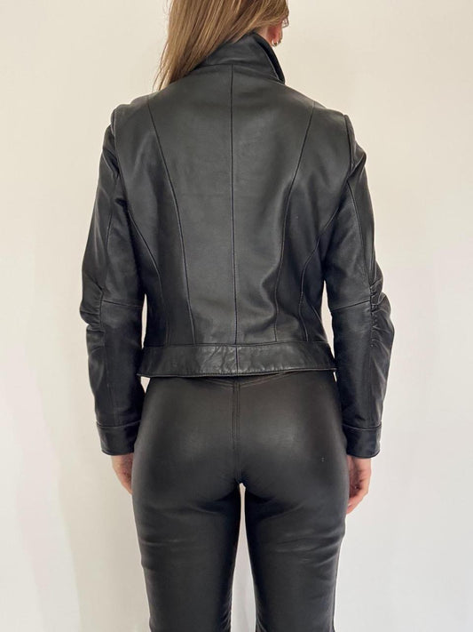vintage leather ruched moto jacket