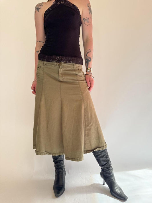 vintage cargo ruffled midi skirt
