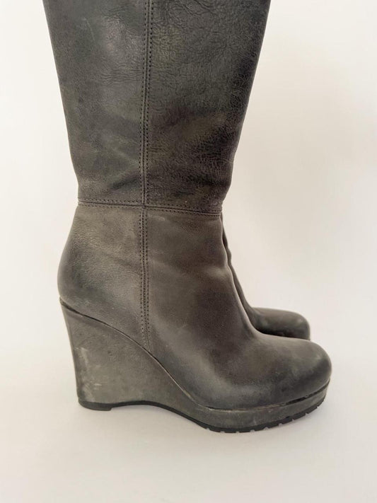 vintage grey leather wedge boots