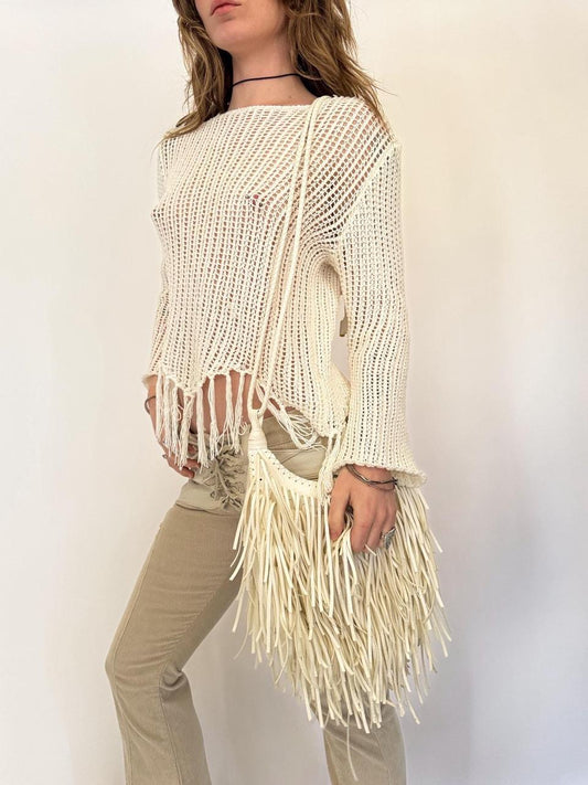vintage white fringe crossbody bag