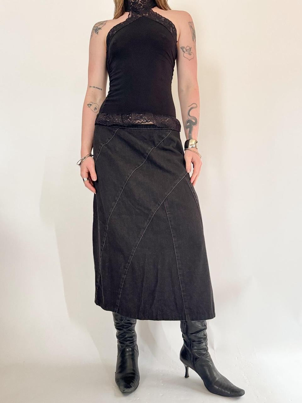 vintage subversive denim midi skirt