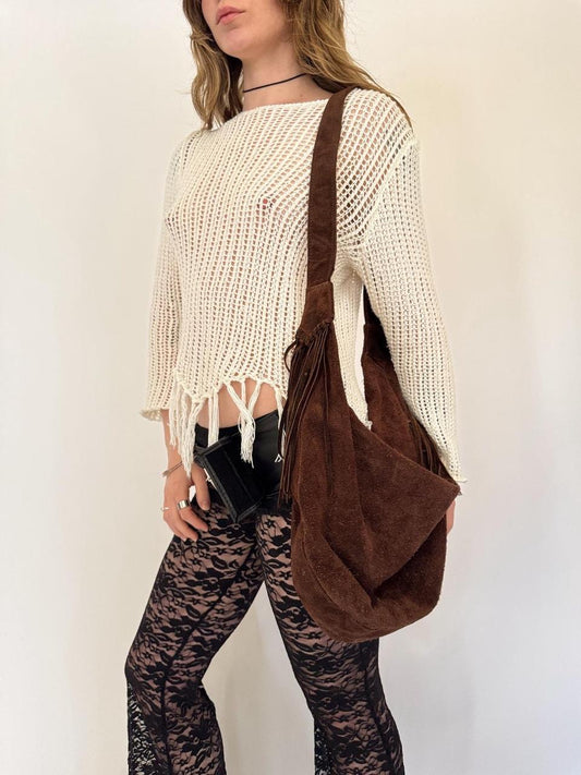 vintage brown suede fringe bag