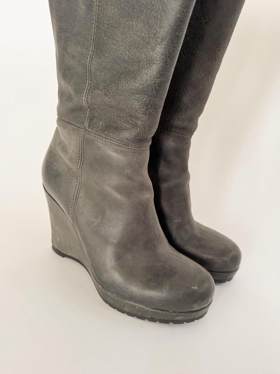 vintage grey leather wedge boots