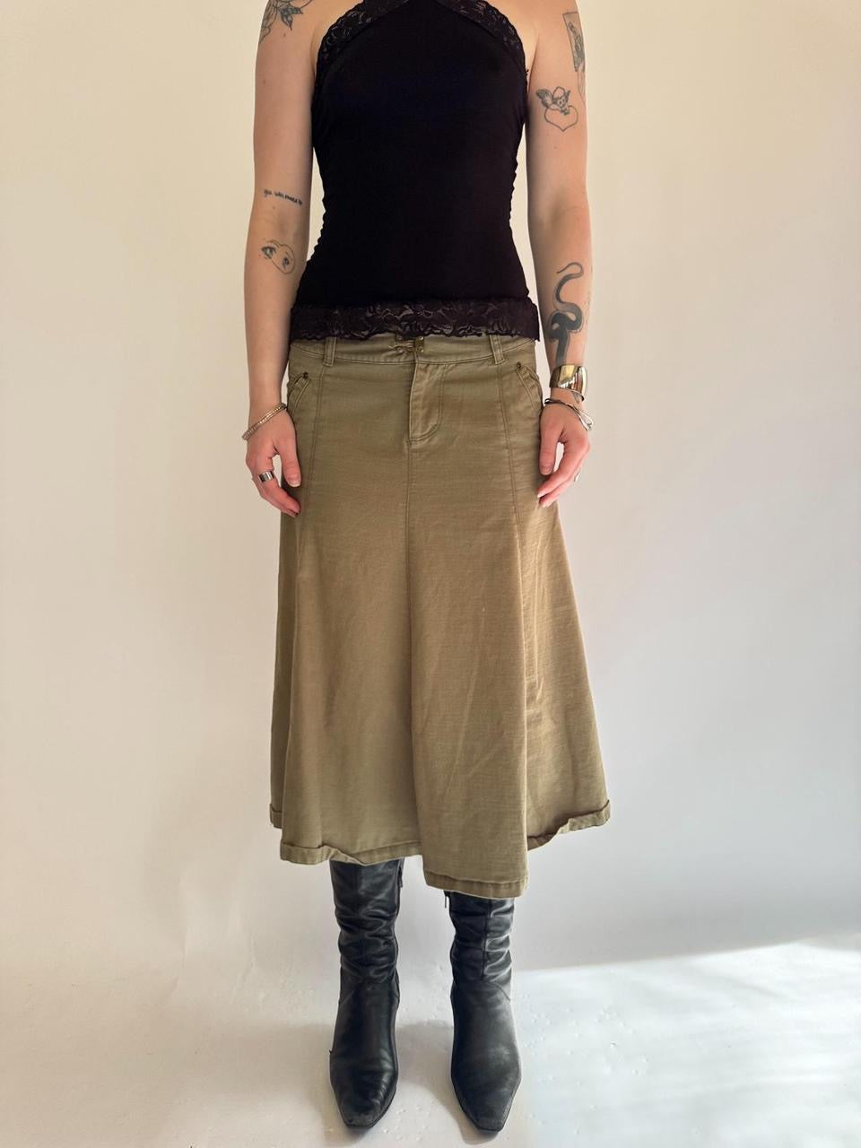 vintage cargo ruffled midi skirt