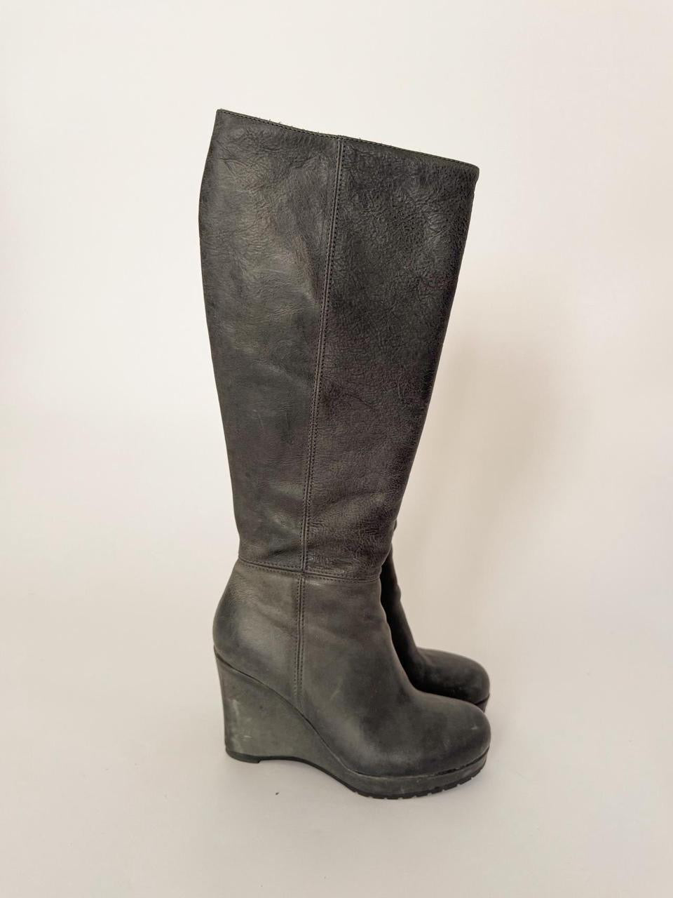 vintage grey leather wedge boots