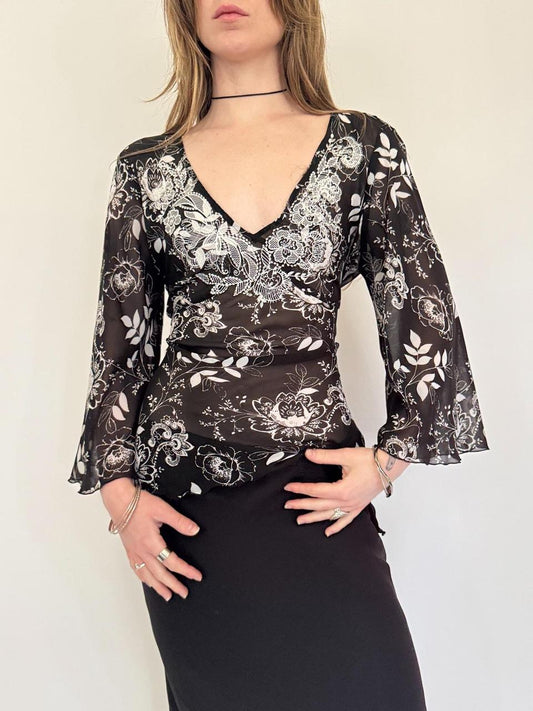 vintage floral flare sleeve tie waist blouse